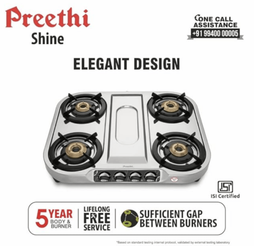 Preethi Shine Stainless Steel Gas Stove 4 Burners I Manual Ignition I ISI Certified I 2 Year Warranty - Image 2